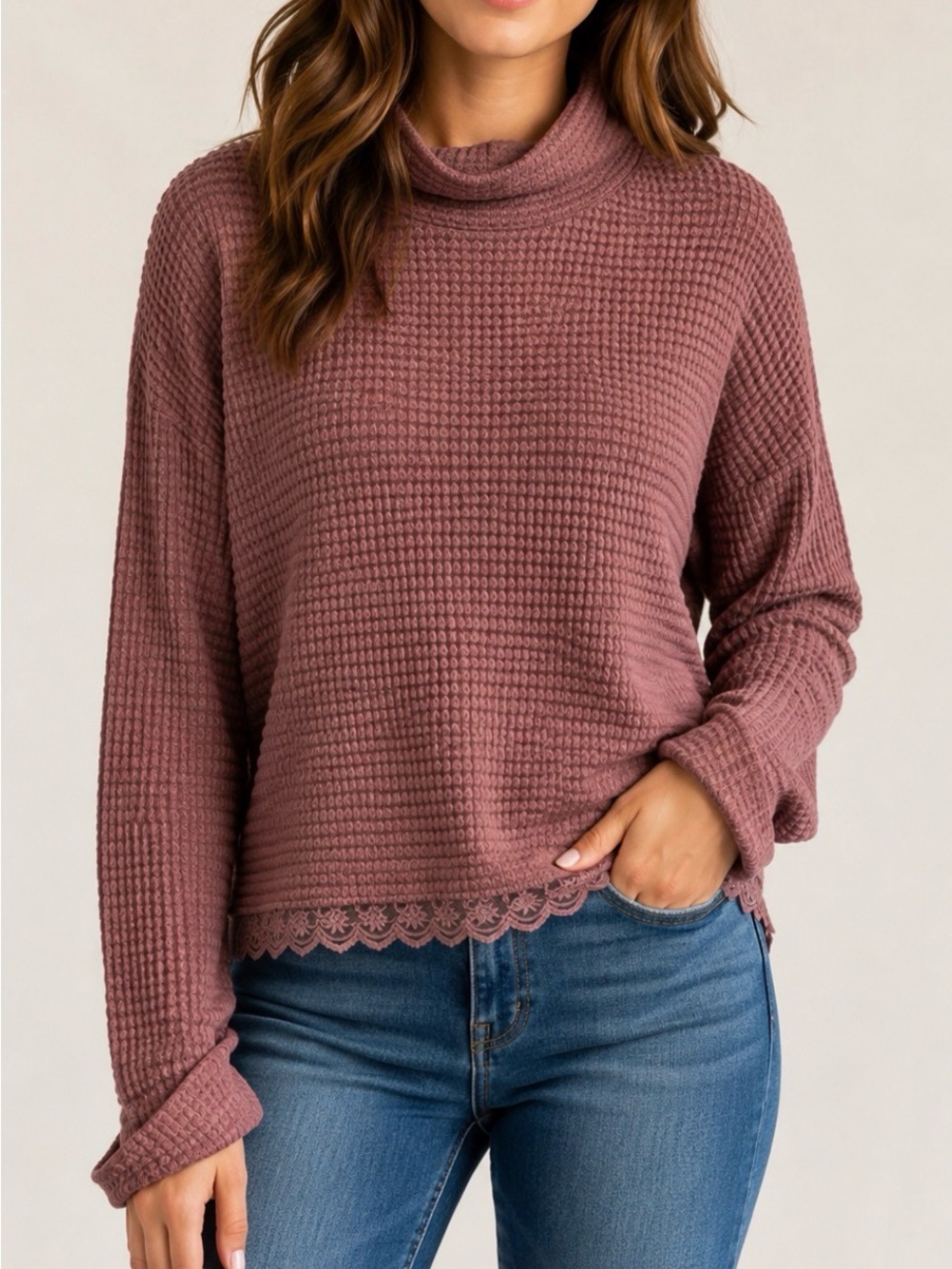 Xhilaration Pink Cowl Neck Sweater with Lace Trim